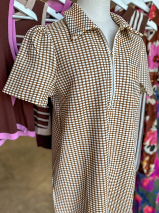 Camel Go-To Gingham Half Zip Mini Dress