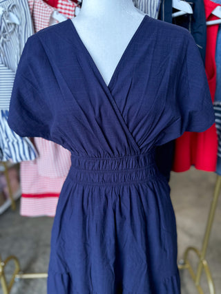 Navy Soft Structure Smocked V-Neck Mini Dress