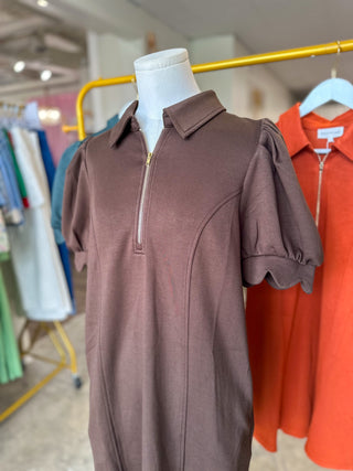 Brown Confident & Collected Half Zip Mini Dress