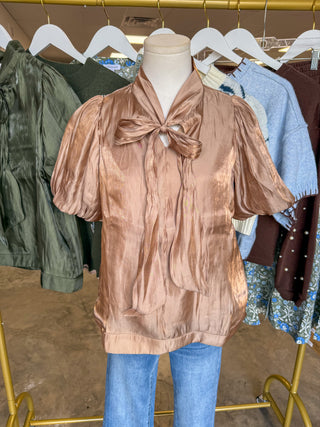 Mocha Scarlett Satin Bow Top