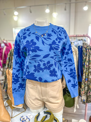 Deep Blue Combo Feminine Floral Pullover Sweater