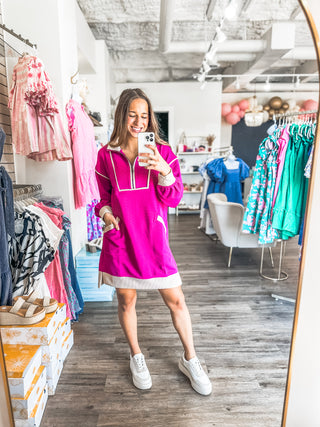 Magenta Ribbed Zip Long Sleeve Throw On & Go Dress