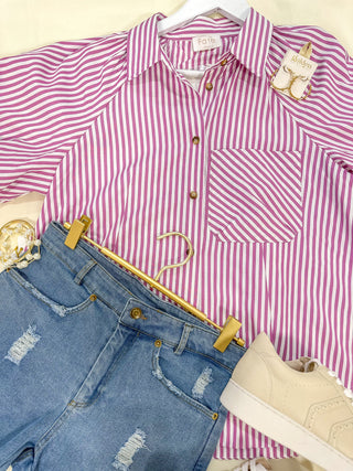 Style Everyday Off White/Magenta Striped Puff Sleeve Blouse