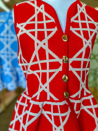 Red Delicate Lines Gold Button Peplum Top