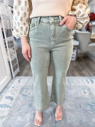 Light Olive Washed High Waist Frayed Hem Bootcut Pants