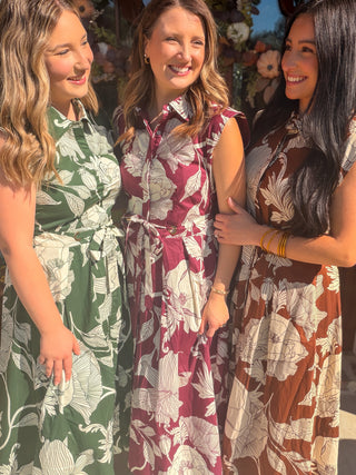 Burgundy Garden Society Collared Tie Waist Maxi Dress