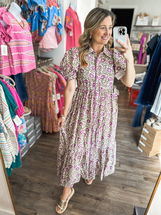 The Violet Vine Tiered Button Down Midi Dress