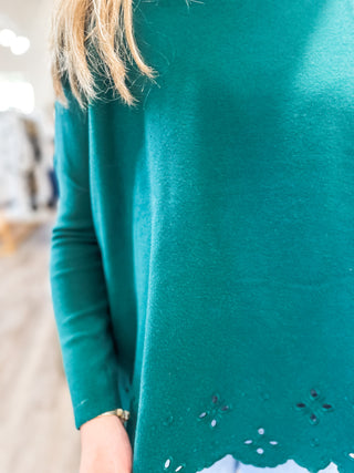 Hunter Green Soft & Sleek Scalloped Eyelet Hem Long Sleeve Sweater Top