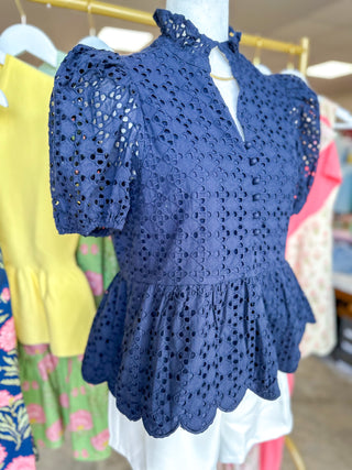 Navy Eloise Eyelet Peplum Top