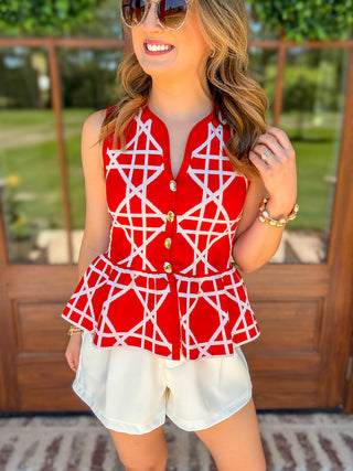Red Delicate Lines Gold Button Peplum Top