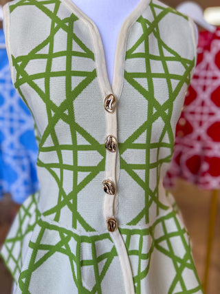 Ecru W/ Green Delicate Lines Gold Button Peplum Top