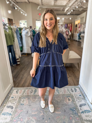 Navy Contrast Print Piping Tiered Woven Dress
