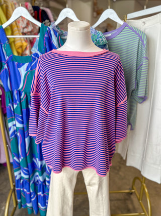 Pink/Royal Blue Casual Cravings Striped Oversized Knit Top