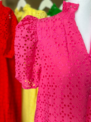 Hot Pink Sweet Eyelet Moments Midi Dress