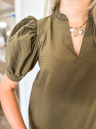 Olive Ruffle Puff Sleeve Textured Top