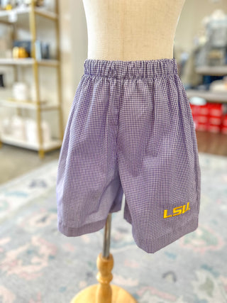 LSU Embroidered Gingham Pull On Shorts