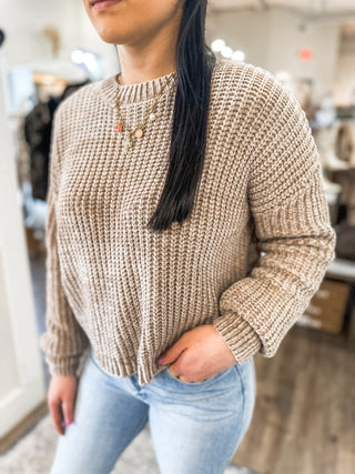 Heathered Mocha So So Chenille Round Neck Crop Sweater