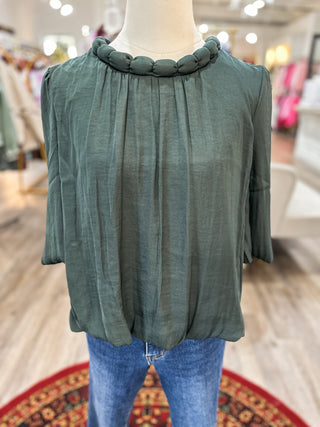 DOORBUSTER: Forest Green Round Neck Accent Billowy Blouse
