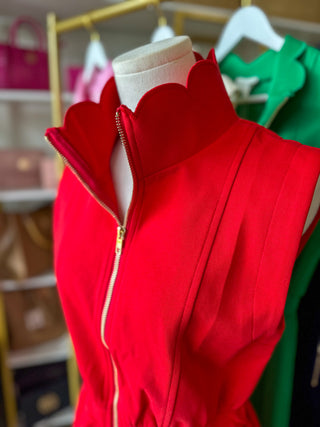 Red On the Move Scallop Zip Mini Dress