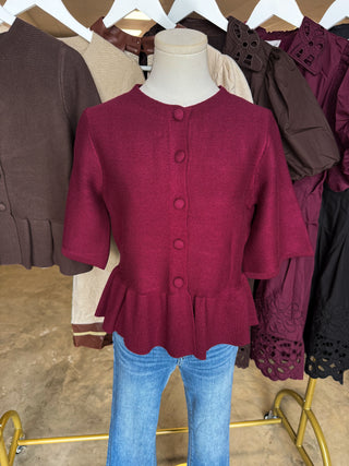 The Burgundy Hadley Peplum Short Sleeve Cardigan