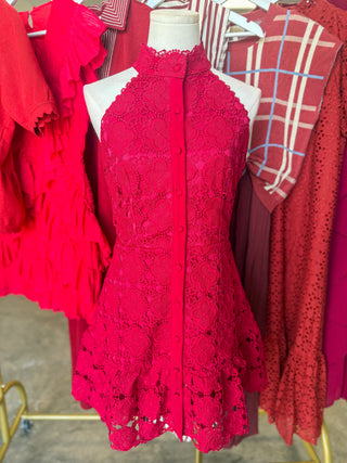 Burgundy Magnolia Lace Halter Neck Mini Dress