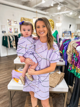 PRE-ORDER: Adult Mardi Gras Beads Please Sequin Luxe Puff Sleeve Dress