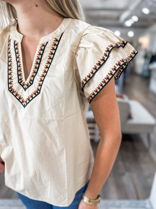 The Madeline Taupe Flutter Sleeve Top