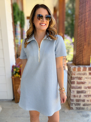 Blue Go-To Gingham Half Zip Mini Dress