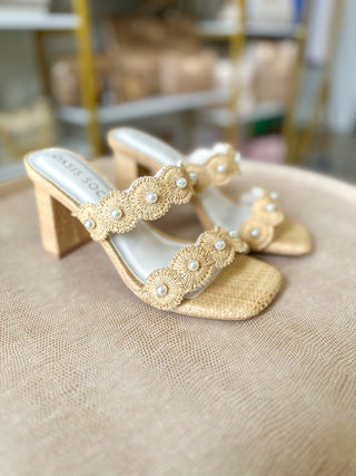 The Helena Natural Raffia Block Heel with Pearls