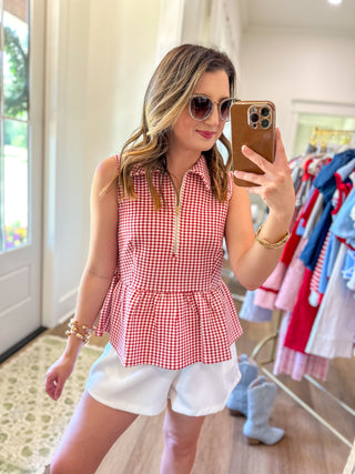Red Weekend Favorite Gingham Half Zip Peplum Top