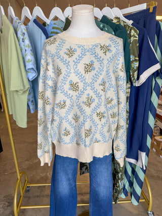 Blue & Sage Willow Floral Jacquard Knit Sweater