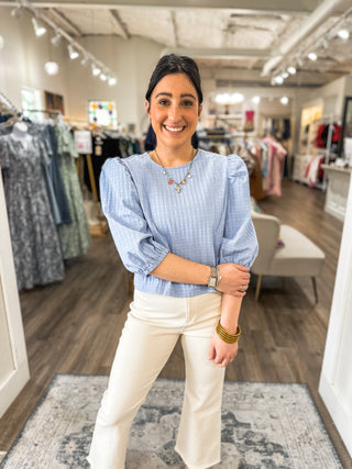 Dandelion Blue Round Neck Puff Sleeve Top