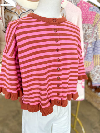 Strawberry & Cocoa Main Street Striped Ruffle Knit Top