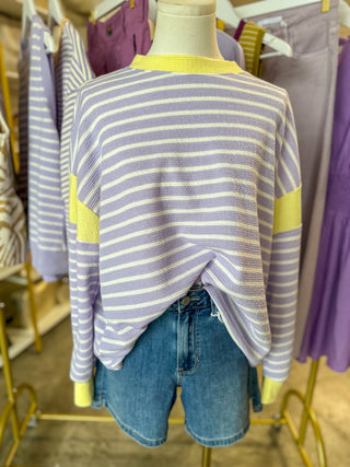 Lavender/Banana Knit Stripe Long Sleeve Top