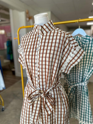 Brown Honeyfield Gingham Scallop Trim Belted Mini Dress