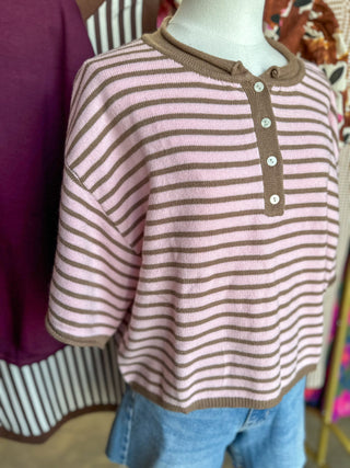Chocolate Strawberry Striped Short Sleeve Henley Knit Top