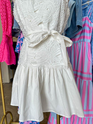White Ever After Floral Lace Belted Mini Dress