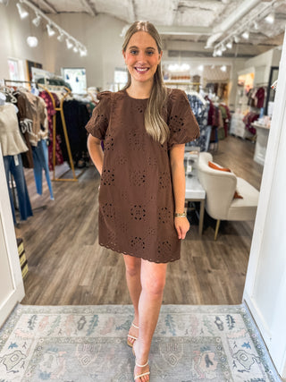 Brown Sweet Magnolia Eyelet Mini Dress