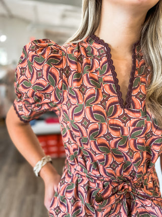 Autumn Mosaic Belted Scallop Trim Mini Dress