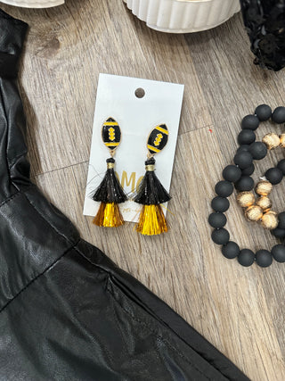 Black/Gold Football Spirit Metallic Tassel Earrings