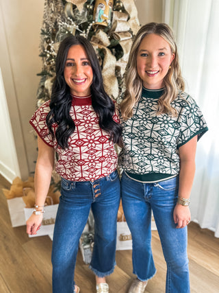 Shape Up & Shine Pattern Short Sleeve Hunter Green Sweater Top