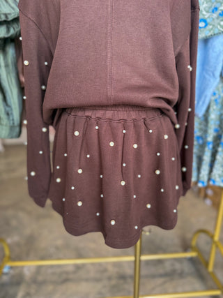 Brown Pearl Charm Long Sleeve Top & Skort Set