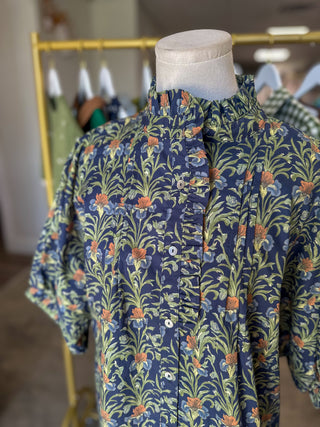 Navy Vintage Vine Ruffle Collar Blouse