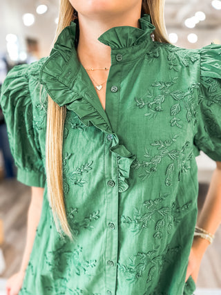 Forest Green Adorned in Ivy Vine Applique Button-down Dress