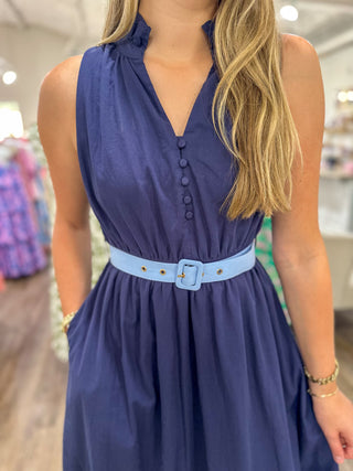 Navy Coastal Elegance Belted Midi Dress