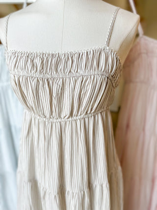 Mocha Brown Stripe Shirred Empire Waist Midi Dress