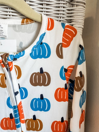 Blue & Orange Pumpkin Long Sleeve Zippie Pajamas