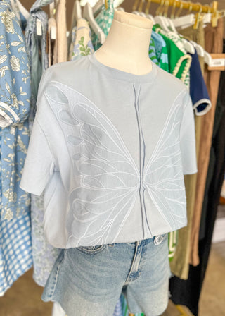 Blue Butterfly Wing Embroidered Short Sleeve Top
