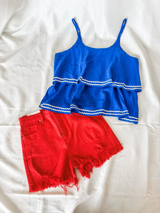 Blue Double Layer Ric Rac Trim Cami Top