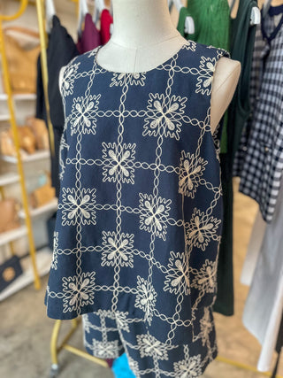 Navy Delicate Thread Embroidered Shorts Set